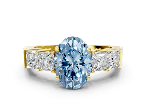 Fancy Blue Oval Cut Solitaire Princess Side Stone Engraved Band Prong Setting Ring Yellow gold