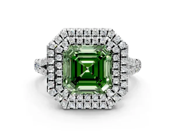 Fancy Green Asscher Cut Diamond Double Halo Ring with Split Shank and Prong Setting Silver