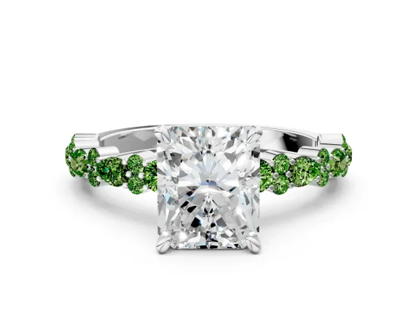 Radiant Cut Diamond Side Stone Solitaire Ring with Round Peridot and Four-Prong Setting Platinum