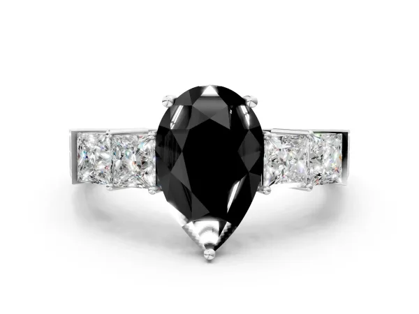 Fancy Black Pear Cut Solitaire Princess Side Stone Engraved Band Prong Setting Ring White gold