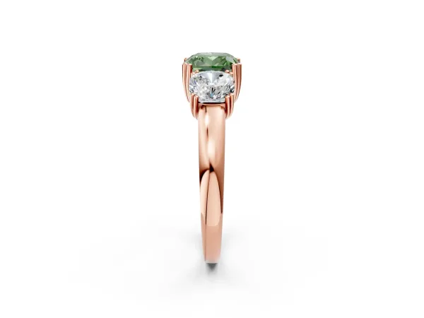 Fancy Green Three-Stone Cushion Cut Cut Diamond Ring with Channel Set Band and Four-Prong Setting Rose gold