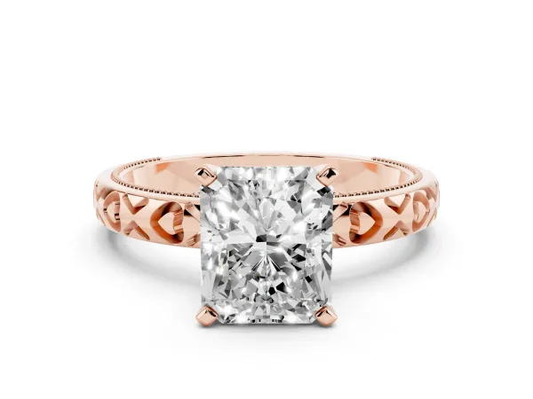 Radiant Cut Solitaire Diamond Engagement Ring with XO Engraved Band and Four-Prong Setting Rose gold