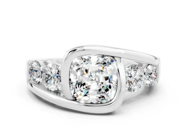 Bezel Set Cushion Cut Moissanite Bypass Ring with Round Accents Platinum