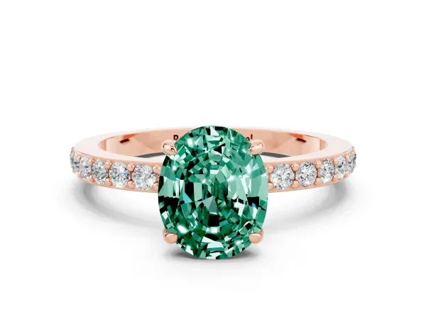Oval Cut Green Sapphire Solitaire Engagement Ring with Pavé Band and Four-Prong Setting Rose gold