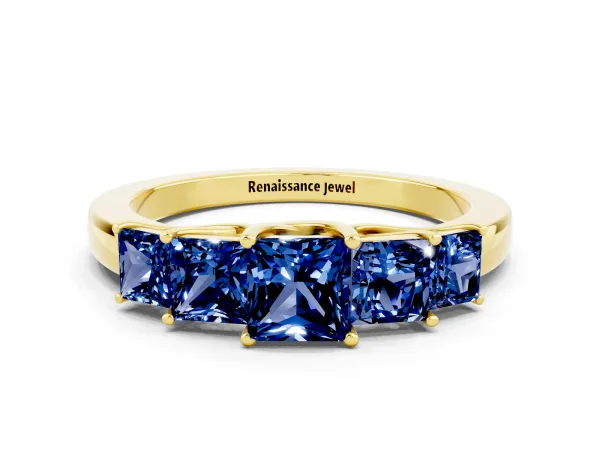 Princess Cut Five-Stone Blue Sapphire Ring with Classic Prong Setting Yellow gold
