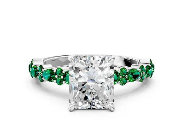 Radiant Cut Diamond Side Stone Solitaire Ring with Round Emerald and Four-Prong Setting Platinum