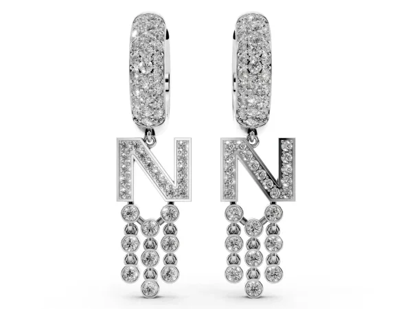 Round Diamond Initial N Huggie Hoop Earrings Platinum