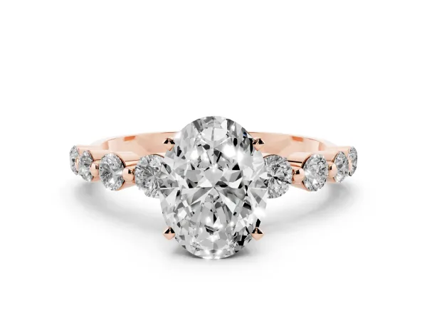 Oval Cut Solitaire Diamond Ring with Pave Band and Four-Prong Setting Rose gold