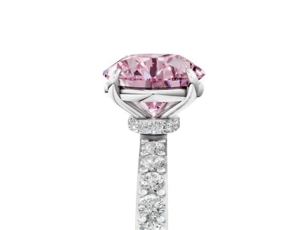 Fancy Pink Round Cut Diamond Solitaire Engagement Ring with Pavé Band and Four-Prong Setting White gold