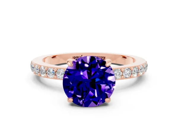 Round Cut Tanzanite Solitaire Engagement Ring with Pavé Band and Four-Prong Setting Rose gold