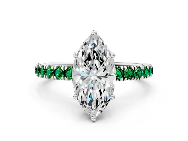 Marquise Cut Diamond Pave Band Solitaire Ring with Round Emerald and Prong Setting White gold