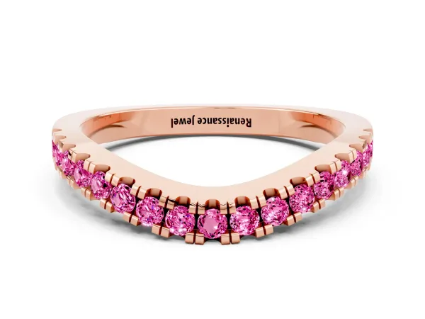 Round Pink Sapphire Pavé Curved Band with Shared Prong Setting Rose gold