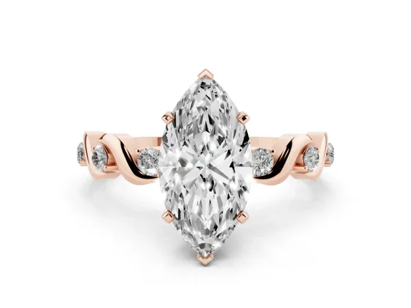 Marquise Cut Diamond Solitaire Twisted Band with Round Accents and Prong Setting Rose gold