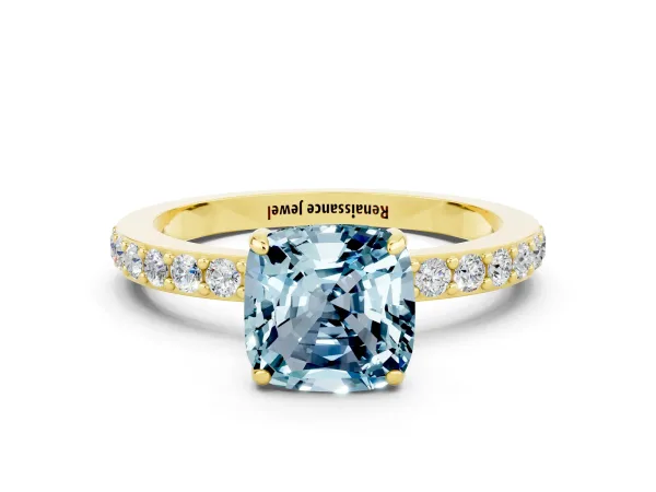 Cushion Cut Aquamarine Solitaire Engagement Ring with Pavé Band and Four-Prong Setting Yellow gold