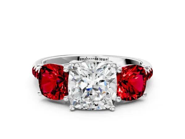 Three-Stone Cushion Cut Diamond Ring with Round Ruby Pavé Band and Prong Setting Platinum