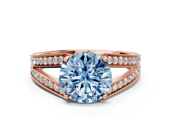 Fancy Blue Round Cut Diamond Split Shank Ring with Pavé Band and Four-Prong Setting Rose gold