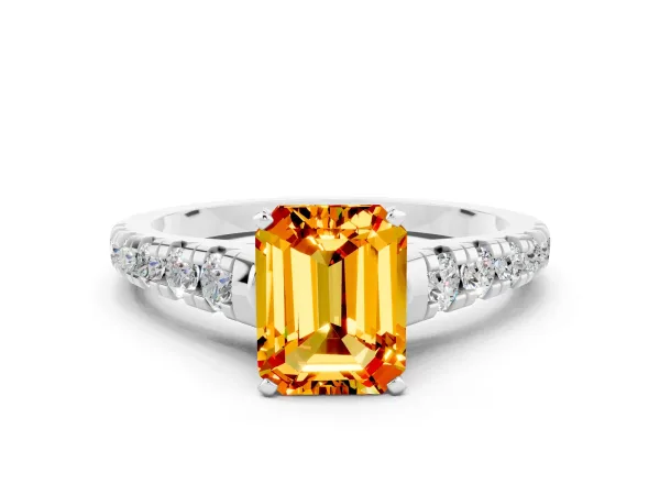 Emerald Cut Citrine Cathedral Solitaire Ring with Round Pavé Band White gold