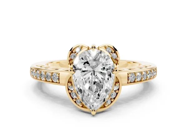 Pear Cut Cut Halo Diamond Ring with Channel Set Band and Four-Prong Setting Yellow gold