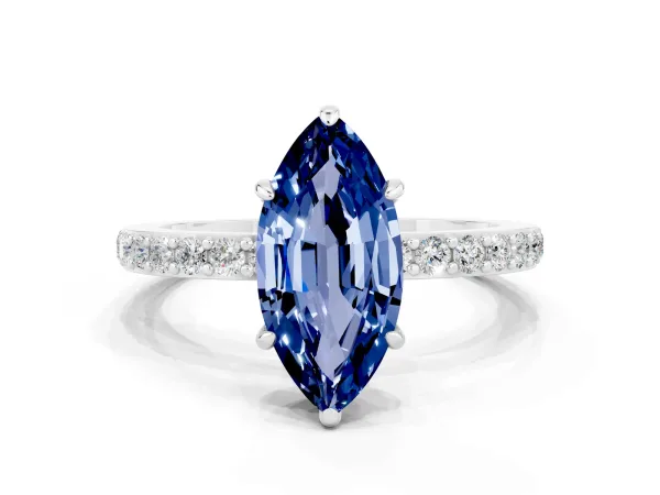 Marquise Cut Blue Sapphire Solitaire Engagement Ring with Pavé Band and Four-Prong Setting Platinum