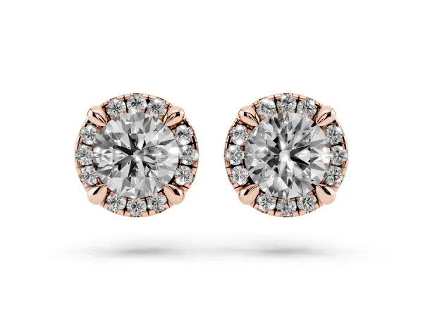 Round Cut Diamond Halo Stud Earrings with Pavé Accents Rose gold