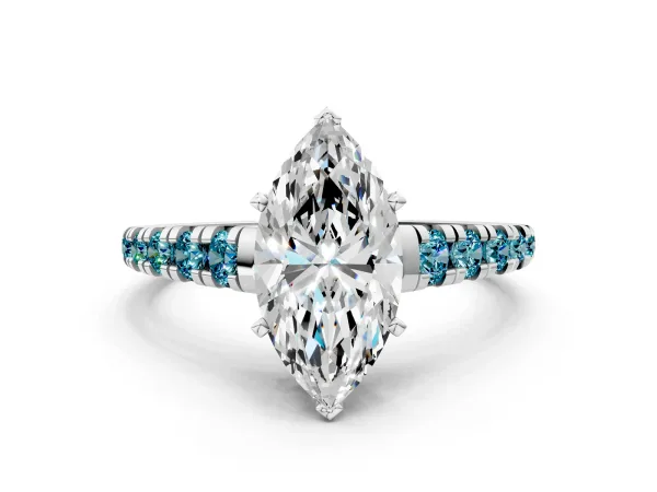 Marquise Cut Diamond Cathedral Solitaire Ring with Round Blue Topaz Pavé Band White gold