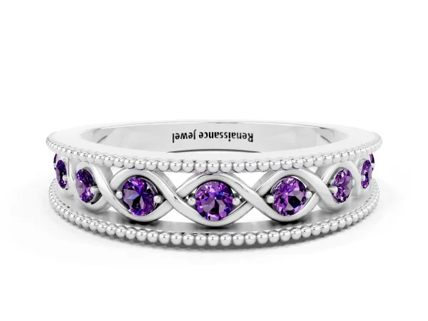 Round Amethyst Twist Milgrain Band with Bezel Setting Platinum