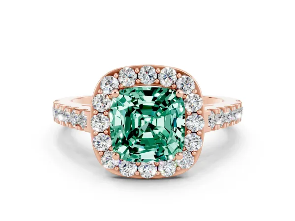 Cushion Cut Green Sapphire Halo Ring with Round Pavé Split Shank and Prong Setting Rose gold