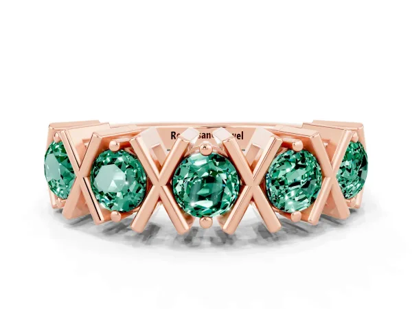 Round Green Sapphire Channel Set Band with X-Prong Detail Rose gold