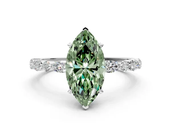 Fancy Green Marquise Cut Diamond Ring with Marquise and Round Side Stones and Four-Prong Setting White gold