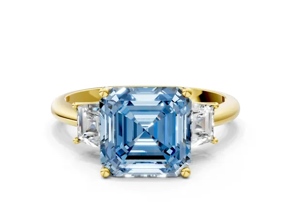 Fancy Blue Asscher Cut Diamond Three-Stone Ring with Trapezoid Side Stones and Prong Setting Yellow gold