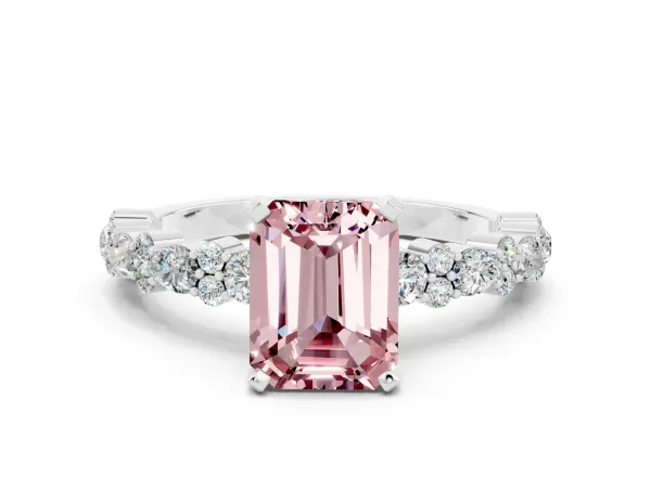 Emerald Cut Morganite Side Stone Solitaire Ring with Round and Four-Prong Setting White gold