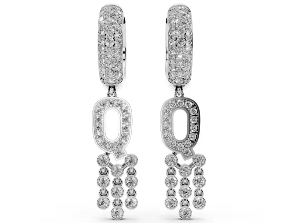 Round Diamond Initial Q Huggie Hoop Earrings Platinum