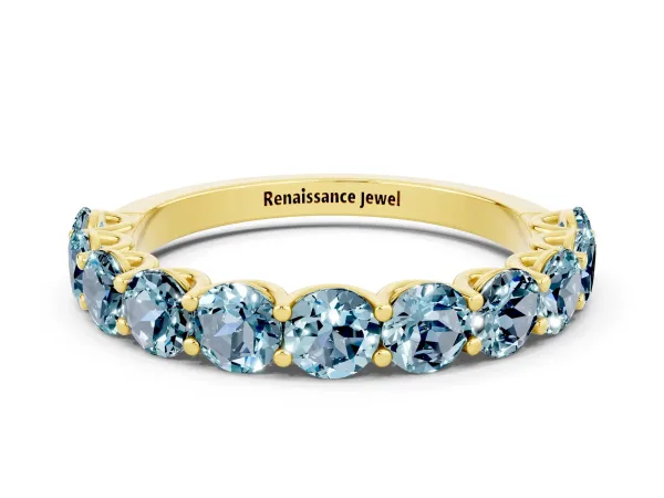 Round Aquamarine Shared Prong Eternity Band Yellow gold