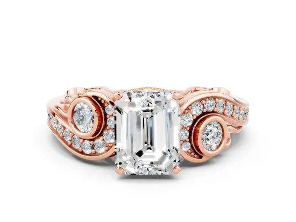 Emerald Cut Moissanite Solitaire Ring with Milgrain Pavé Band and Four-Prong Setting Rose gold