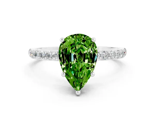 Pear Cut Peridot Solitaire Ring with Round Pavé Band and Prong Setting White gold