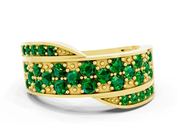 Pavé Round Emerald Crossover Band with Bead Prong Setting Yellow gold