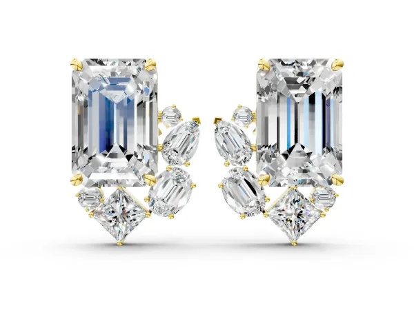 Emerald Cut Diamond Stud Earrings with Round and Oval Accents Yellow gold