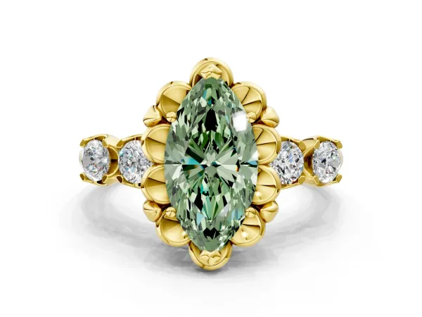 Fancy Green Marquise Cut Cut Diamond Floral Halo Engagement Ring with Shared Prong Setting Yellow gold