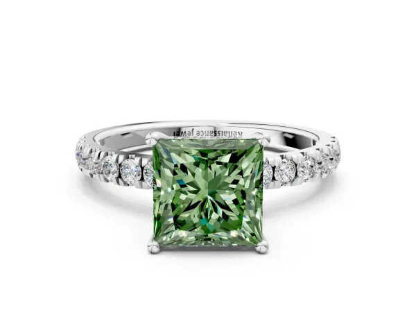 Fancy Green Princess Cut Diamond Pave Band Solitaire Ring with Round and Prong Setting Platinum