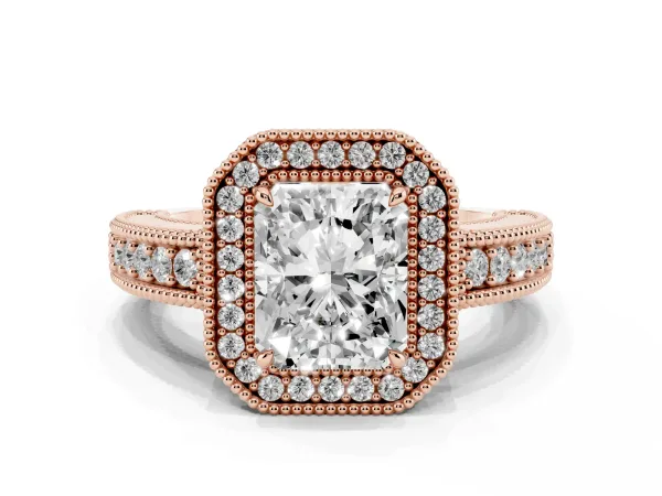 Radiant Cut Cut Halo Diamond Ring with Pavé Band and Four-Prong Setting Rose gold