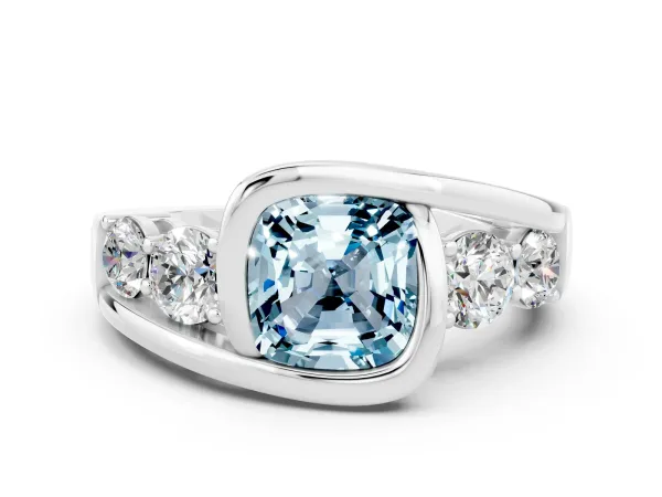 Bezel Set Cushion Cut Aquamarine Bypass Ring with Round Accents Platinum