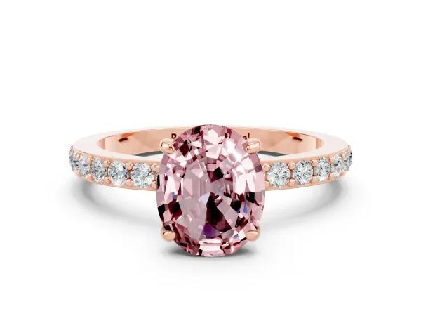 Oval Cut Morganite Solitaire Engagement Ring with Pavé Band and Four-Prong Setting Rose gold