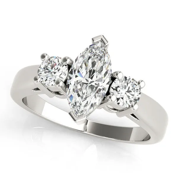 Three-Stone Heart Cut Diamond Solitaire with Round Accents and Prong Setting on a Classic Band Platinum
