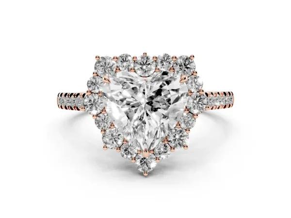 Heart Cut Halo Diamond Ring with Pavé Band and Prong Setting Rose gold