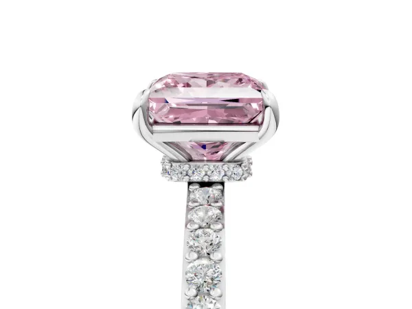 Fancy Pink Princess Cut Diamond Solitaire Engagement Ring with Pavé Band and Four-Prong Setting Silver