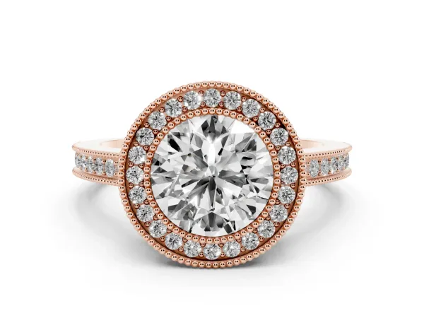 Round Cut Cut Halo Diamond Ring with Pavé Band and Milgrain Prong Setting Rose gold