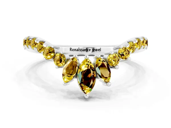 Chevron Marquise and Round Yellow Sapphire Open Band with Prong Setting Platinum