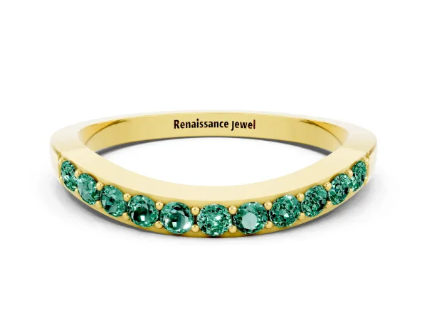 Round Green Sapphire Curved Wedding Band with Channel Setting Yellow gold