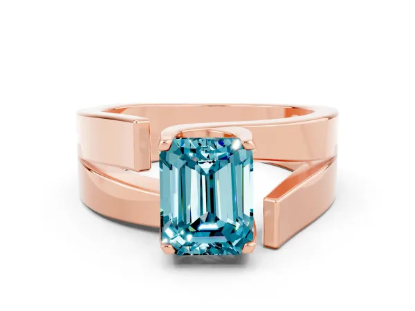 Modern Tension Set Emerald Cut Blue Topaz Solitaire Wide Band Ring Rose gold