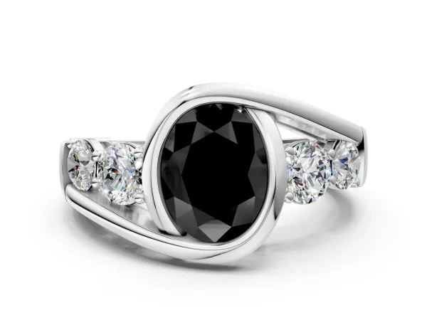 Fancy Black Bezel Set Oval Cut Diamond Bypass Ring with Round Accents Silver